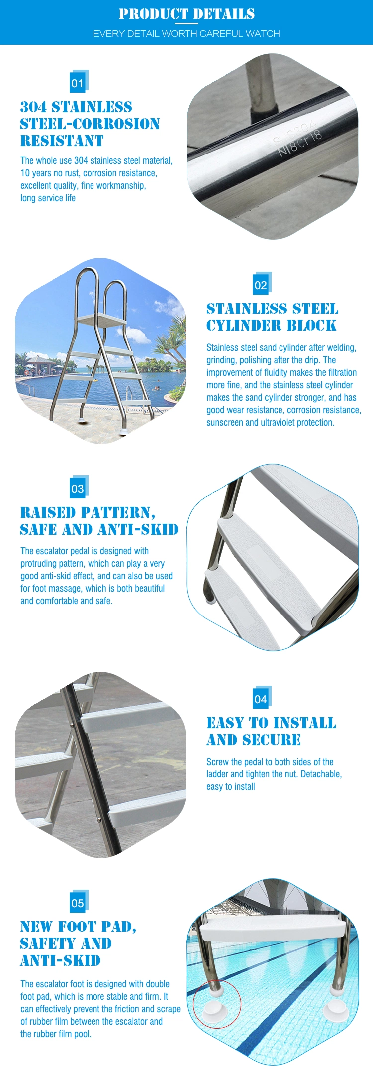 Inflatable Swimming Pools Stainless Steel Double Sided Anti-Slip Ladders